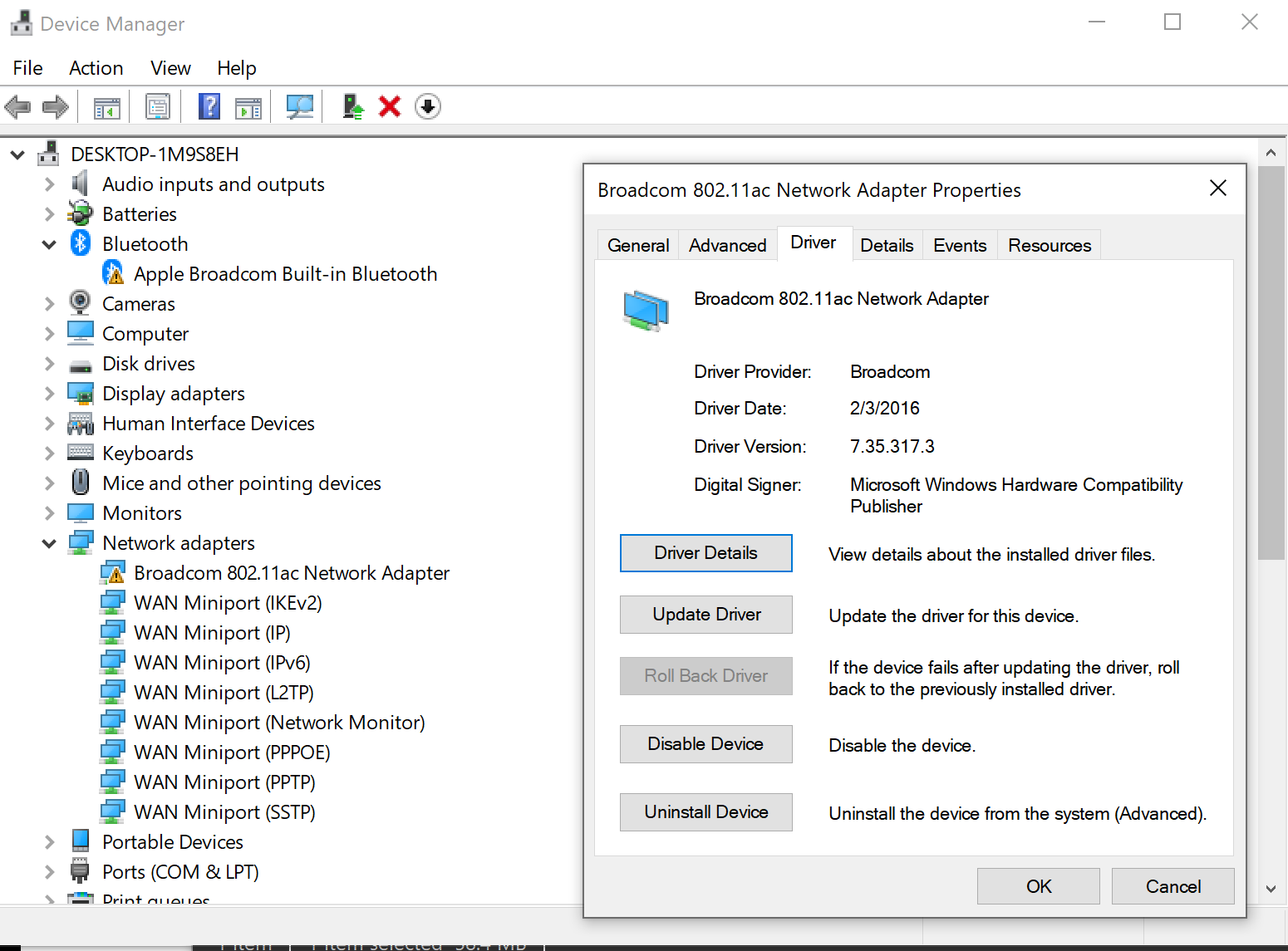 broadcom 802.11ac network adapter driver version